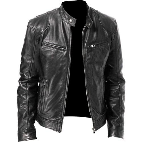 2021 Autumn New Mens Casual Fashion Stand Collar Slim Leather Jacket Slim Solid Color Leather Jacket Men Anti-wind motorcycle