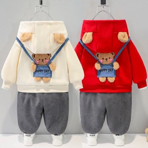 Autumn and winter new 0-4-year-old baby cute cartoon bear suit boys and girls Plush sweater two-piece childrens sportswear