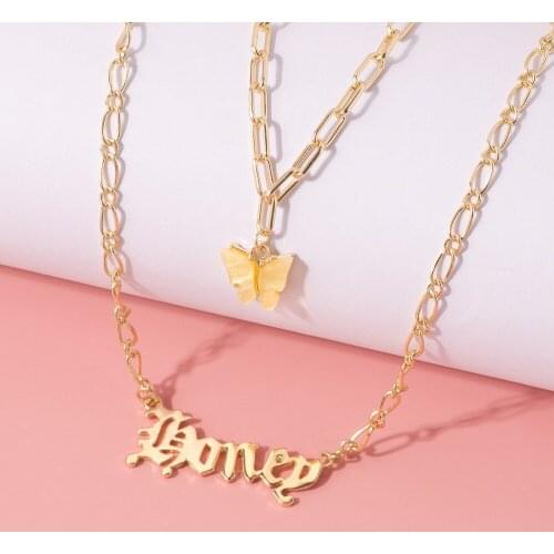 Fashion Cute Acrylic Butterfly Pendants Necklace Double Layer Old English Font Acetic Acid Necklaces Choker Statement Jewelry