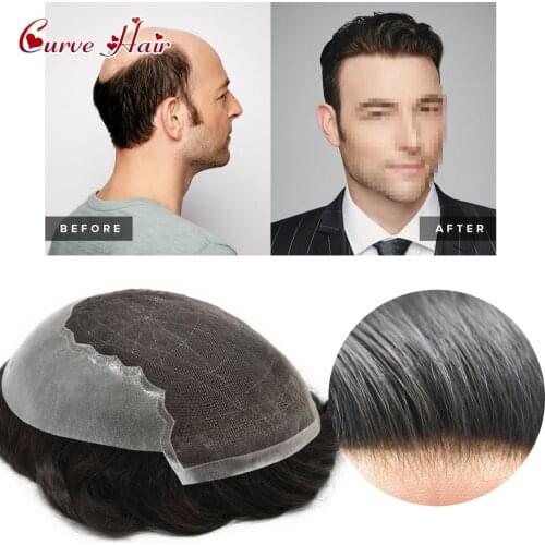 French Lace with Clear Poly Men Toupee Bleached Knot Replacement System Natural Remy Human Hair Breathable Wig For Male