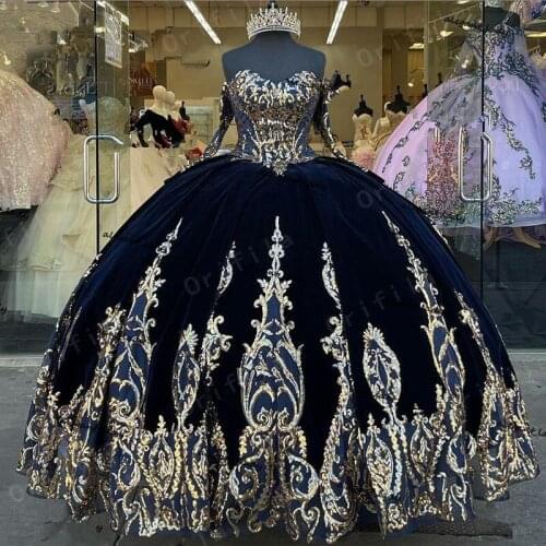 Navy Blue Princess Quinceanera Dress Sequins Applique Lace Mexicano Ball Gown Prom Dress vestidos de 15 años anos