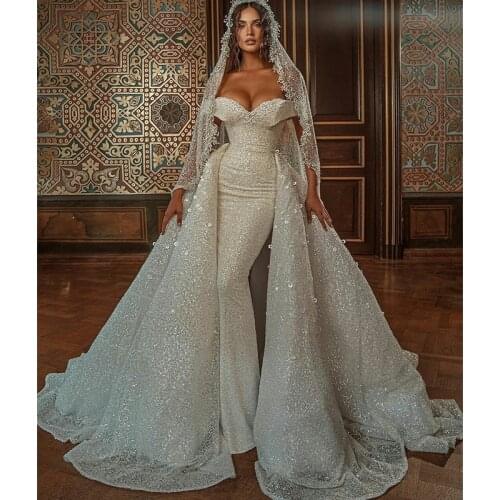 Luxury Church Wedding Dresses with Detachable Train Sequined Beaded Arabic Vintage Bridal Gowns Mermaid Robes De Mariée