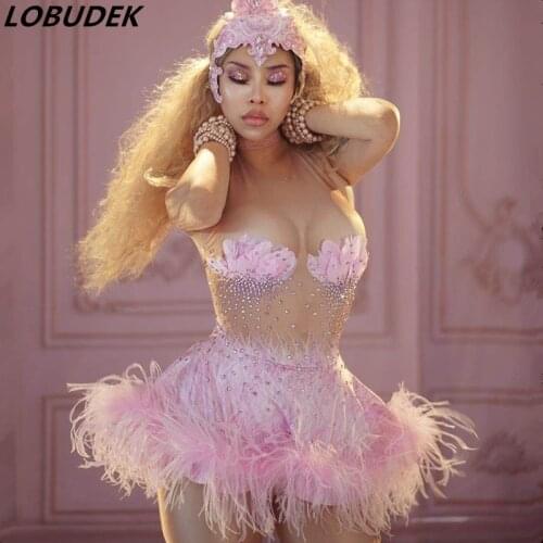 Pink Rhinestones Feather Short Mini Dress Women Bar Club Party Birthday Stage Wear DJ Singer Costume Elastic Sleeve Ballet Dress