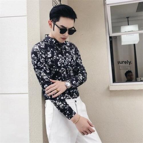Shirt mens slim and handsome long-sleeved shirt Youth nightclub floral fashion clothing camisa masculina рубашка мужская