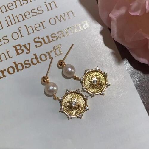 Natural Freshwater Akoya Pearls Drop-Earrings with Starlight gold coins,Punk style for women gift earrings,cool girl decoration