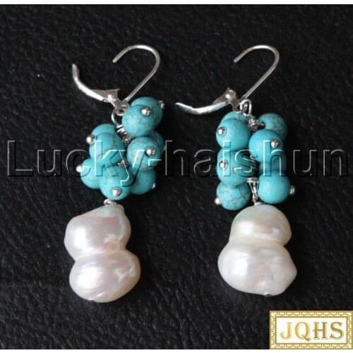 JQHS Dangle Baroque twin 14mm white pearls turquoise Earrings 925 silver hoop j11668