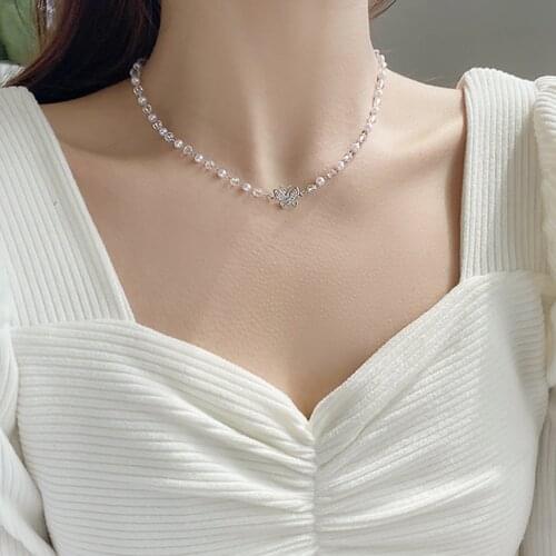 VKME Kpop Fashion Bead Beaded Necklace For Women Butterfly Crystal Pendant Charm Choker Necklaces Korean Jewelry Accessories