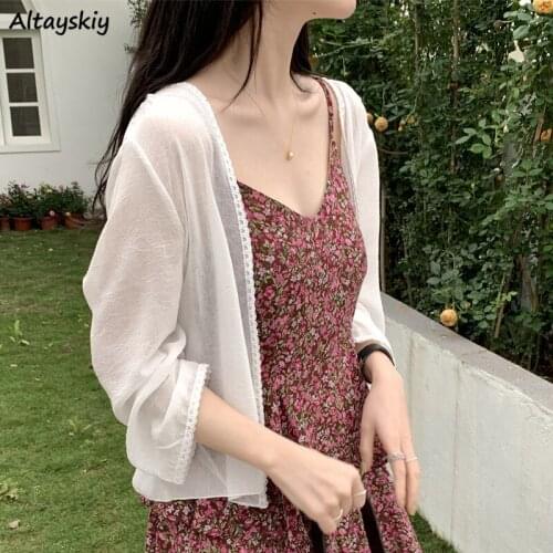 Jackets Women Solid Elegant Summer New 2021 All-match Cozy Holiday Female Sunscreen Mujer De Moda Simple Open Stitch Chic Loose