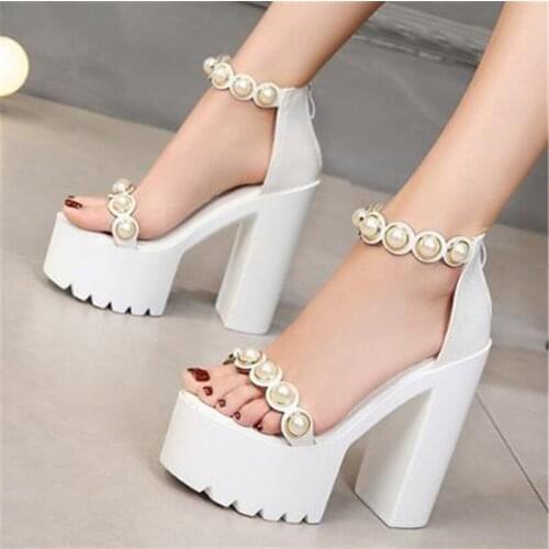 Sandals Woman Platform Punk Shoes Waterproof PU Buckle Strap 14CM Thick High Heels String Bead waterproof Party woman shoes 2020