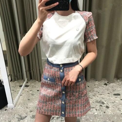 21021 Spring Summer Fashion Sweet Clothes Women 2 Piece Sets O-Neck Short Sleeve Patchwork Tees And Plaid Print Mini Skirts