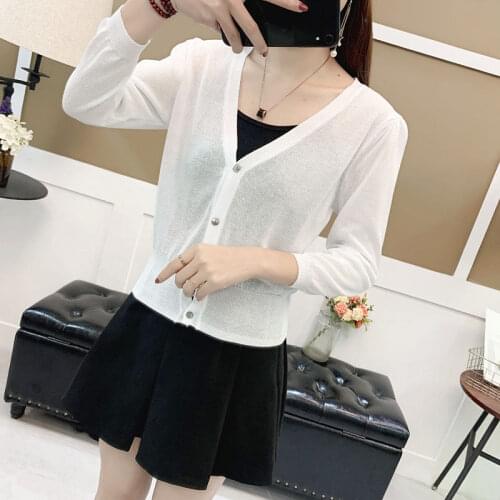 Women 2021 Spring Summer New Ice Silk Knit Cardigan Tops Female Short Sunscreen Shirts Ladies Solid Color Slim Thin Blouses L119