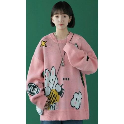 Cartoon Rabbit Jacquard Jacquard Korean Fashion Women Knit Pullovers Sweaters 2021 Winter Girly Sweet Kawaii Cute Soft Tops