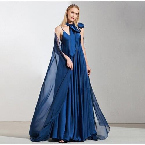 Tanpell spaghetti straps evening dress blue bowknot floor length a line gown women prom party custom formal long evening dresses