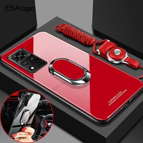 Hard Tempered Glass Phone Case For Huawei Honor V40 9S 9X Pro Magnet Ring Stand Holder Back Case For Huawei Y6P Y5P With Lanyard