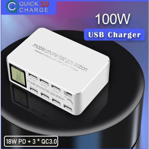 100W Smart Multi Charging Station 8 Ports 3 Type C 1 PD Fast Charging For Mobile Phone Multi USB Charger Dock Station With LCD