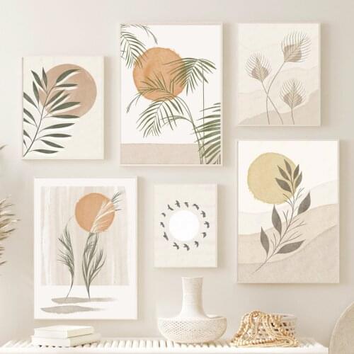Nature Bamboo leaf Sun Bird Abstract Wall Art Canvas Painting Nordic Boho Posters And Prints Wall Pictures For Living Room Decor