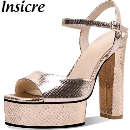 Insicre Luxury Designer Platform Chunky High Heel Ankle Wrap Sandals Snake Skin Pattern Leather Buckle Strap Party Pumps