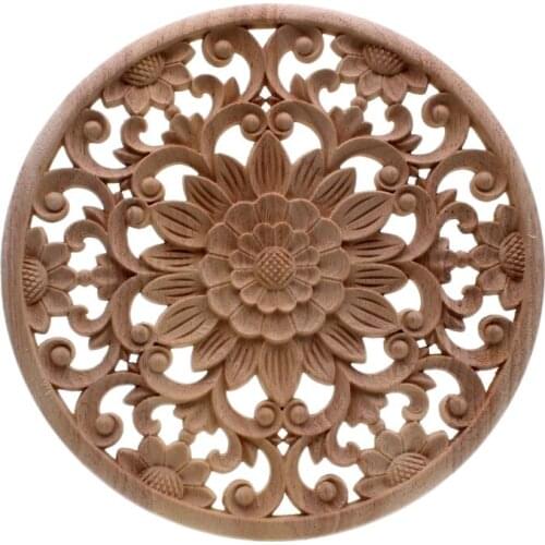 Carved Flower Carving Round Wood Appliques For Furniture Cabinet Unpainted Wooden Mouldings Decal Decorative Figurine