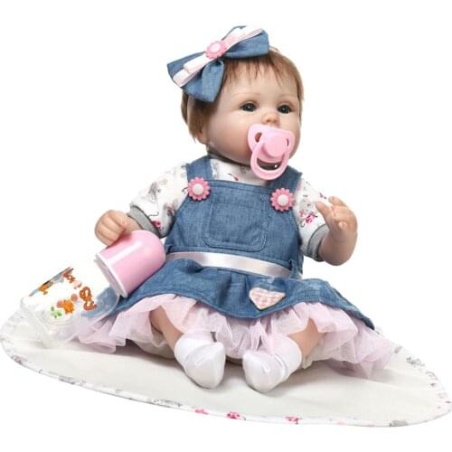 17inch Reborn Doll Newborn Baby That Look Like Life, Real Touch Silicone Head Limbs and Denim Dress Body, with Nursing Bottle