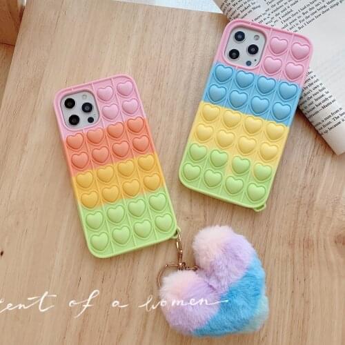 Cute New Rainbow Heart Case For Iphone 12 Pro Max 11 6S 7 8 Plus X XR XS Max Cover Reliver Stress Bubble Cover With Pendant