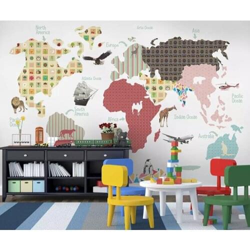 Cartoon hand-drawn letters world map children background wall painting