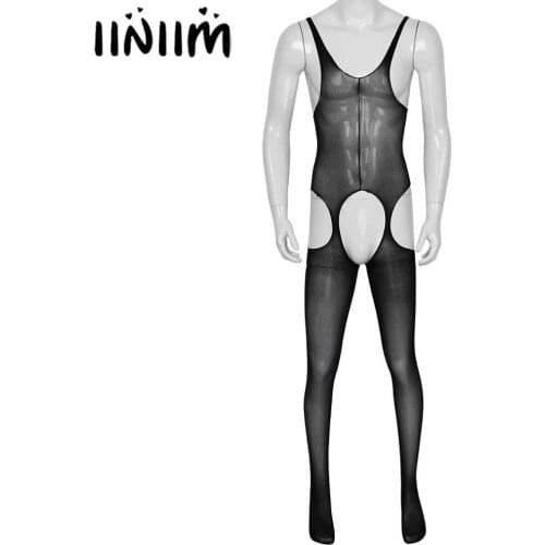 Mens Apparel Bodystocking Transparent Teddies Hollow Out Open Crotch Sissy Fishnet Bodysuit Crotchless Full Body Pantyhose