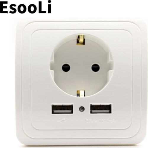 EsooLi White Smart Home Dual USB Port Wall Charger Adapter Charging 2A Wall Charger Adapter EU Plug Socket Power Outlet PC Panel