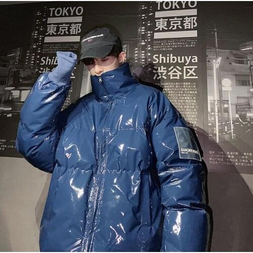 NEW Winter collar loose bright leather fabric jacket wind thick warm coat men women couple purple cotton clothing