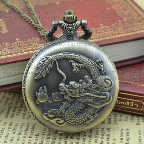 New Design Bronze Pocket Watch Fashion Dragon Pendant Quartz 50pcs/lot Gift Watch Collection Free Shipping Wholesale