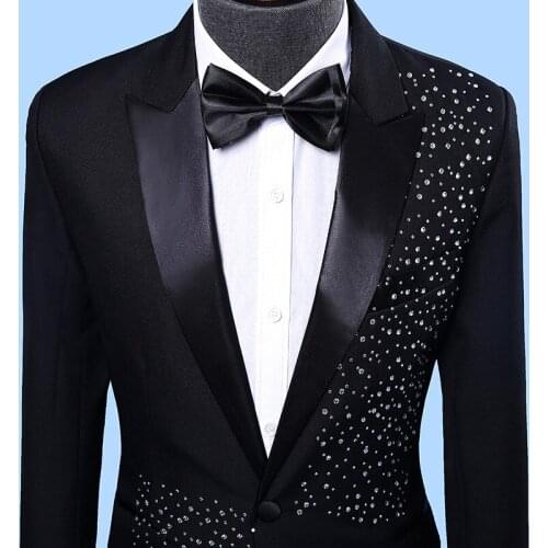New Slim Fit Adult Male Singer Stage Host Performance Suit Korean Style Mens Wedding Groom Emcee Diamond Dress