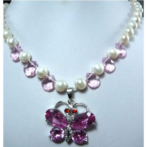 White pearl necklace+red zircon butterfly pendant