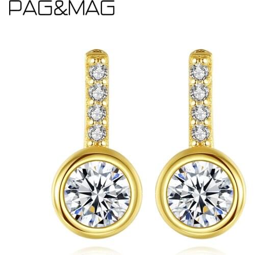 PAG&MAG Brand Round Circle Solitaire Stud Earrings 925 Sterling Silver Zircon Earrings Korean Statement Earrings Jewelry Gift