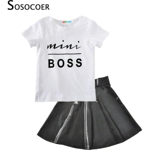 SOSOCOER Toddler Kids Girl Clothes Set 2017 New Summer Mini Boss T-shirt Tops+Leather Skirt 2pcs Outfit Child Baby Clothing Suit