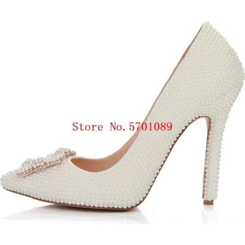 Pearl Wedding Pumps Pointed Toe High Heel Shoes Crystal Platform Pearls Wedding Pumps Party Bride Bridesmaid Shoes 35-41