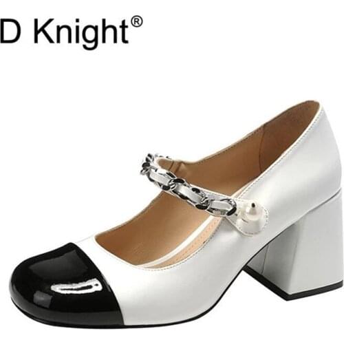 Retro Patent Leather Mary Janes Pumps Shoes Women Thick Heels Ladies Sandals Summer Spring Color Block Heels Shoes Female Pumps