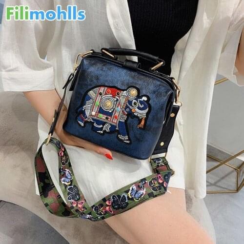 Vintage Embroidery Elephant Bag Bags Wide Butterfly Strap PU Leather Women Shoulder Crossbody Bag Womens Handbags Purses S2031