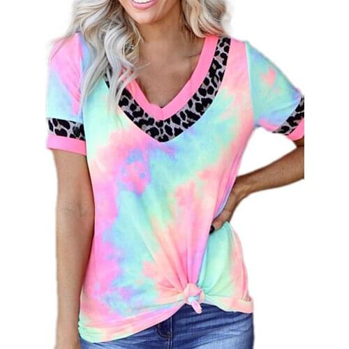 New Fashion Women Summer Leopard Stitching Tie Dye V-Neck Short Sleeve Loose Cotton T-Shirt Pullover Tops