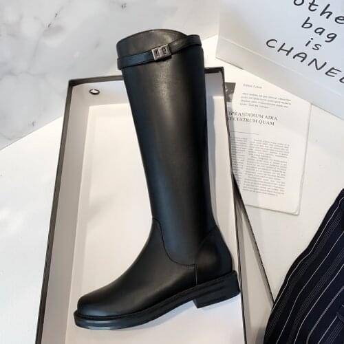 2021 Winter Riding Boots Women Natural Genuine Leather Flat Knee High Boots Zipper Round Toe Shoes Lady Autumn Big Size 34-43