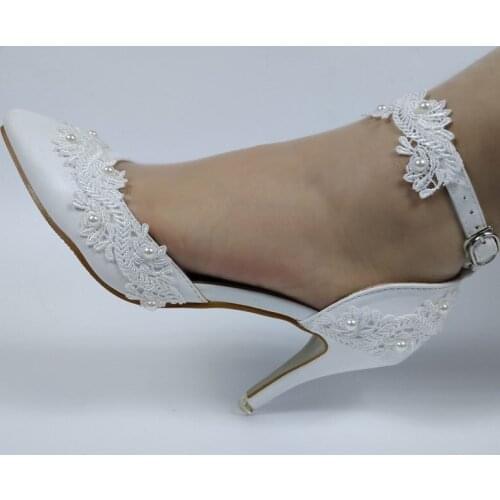 BaoYaFang High heels wedding shoes womens ankle buckle shoes sweet party shoes white lace pearl pointed shoes