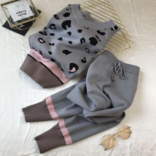 Fashion 2 Piece Set Women Knitted Tracksuit Elegant V Neck Pullover Leopard Tops And Pants Spring Autumn Womens Sweater Suit