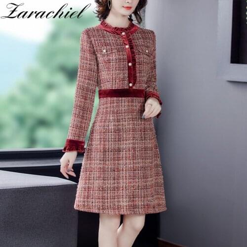 Autumn Winter Red Velvet Patchwork Tweed Plaid Dress Women Elegant Single Breasted Long Sleeve Zipper Knee Length Party Vestido
