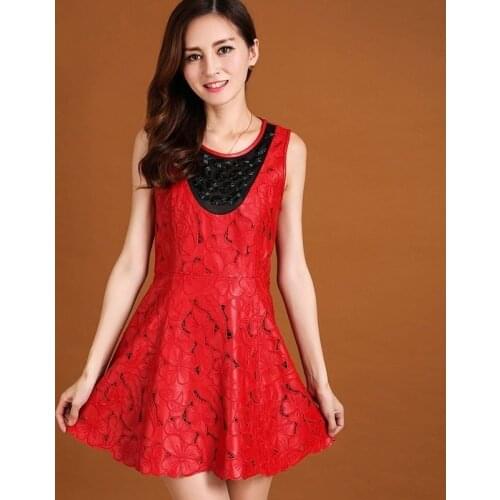 Elegant Women Embroidery Beading Sheepskin Genuine Leather Dress Slim Fit Tank Dress Sleeveless Tops Ladies Spring Party Dresses