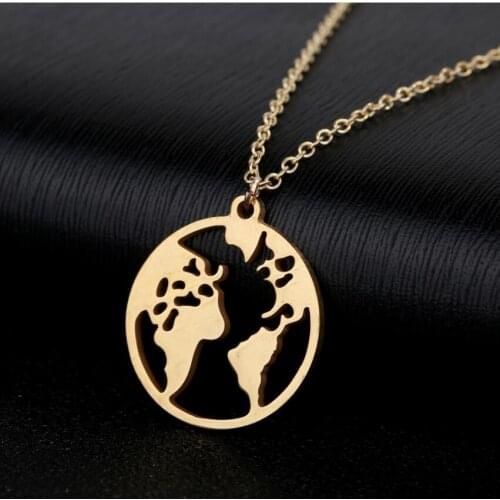 World Map Pendant Necklace Women Stainless Steel Jewelry Round Continents Rose Gold Silver Color Souvenir Travel Gift S1975