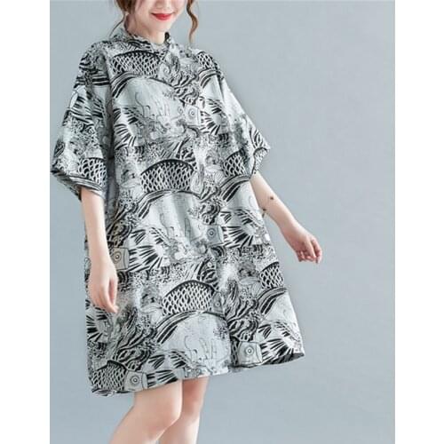 Oversized Women Loose Casual Shirt Dress New 2021 Summer Chinese Vintage Style Floral Print Female Knee-length Dresses S3526