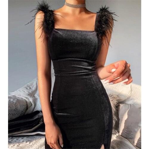 Winter Womens Black Feathers Strapless Split Mini Polyester Dress Night Party Dress