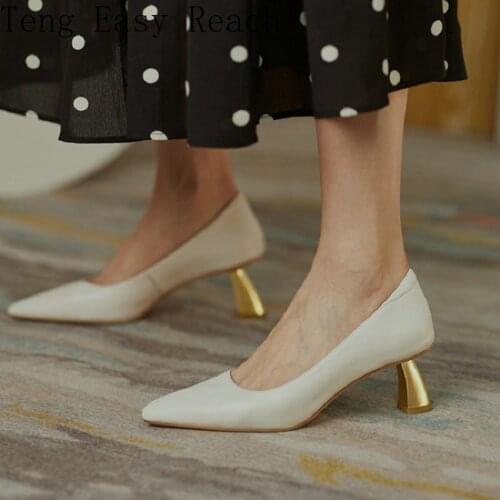 2021 Spring Genuine Natural Leather Pointed Toe Sexy Office Lady Pumps Gold High Heels Women Stilettos Party Shoes