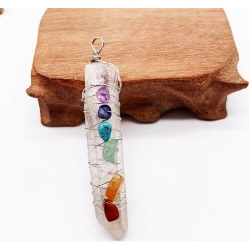 5cm Natural Stone 7 Chakras Crystal Column Crushed Stone Pendant for Necklace DIY Healing Stones Charm Collection Jewelry Gifts