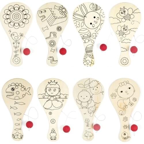 9pcs/set Hand-painted Wooden Racket with Ball DIY Craft Cartoon Painting Graffiti Toy Kindergarten Kids Gift