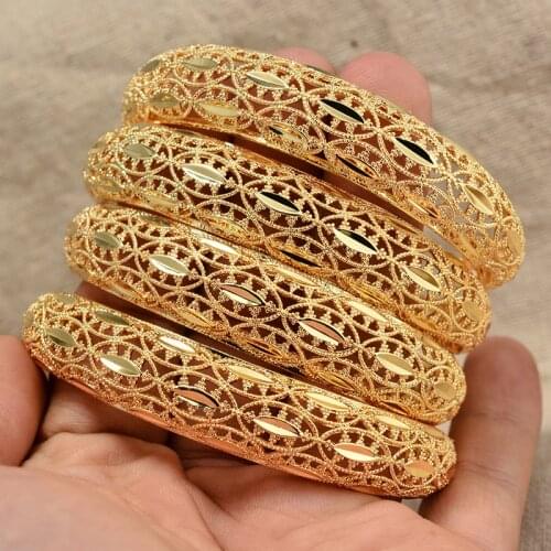 Annayoyo 4Pcs/lot Dubai Party Gold Color Wedding Bangle & bracelets Women Decoration Bangle African Ethiopian Jewelry Wholesale