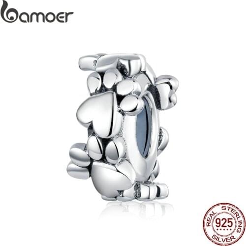 Bamoer Footprint Charm 925 Sterling Silver Dog Paw Charm Stopper with Silicone Charms for Original Bracelet DIY Jewelry SCC1504